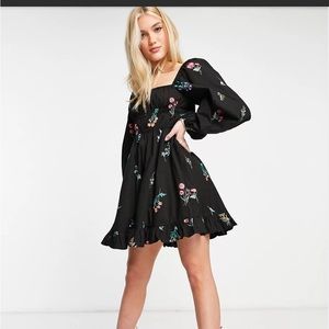 ASOS Cotton Poplin Ruched Mini Dress in Botanical Embroidery